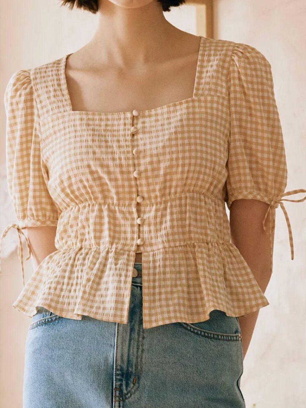 Gingham Square-Neck Blouse with Short Puff Sleeves